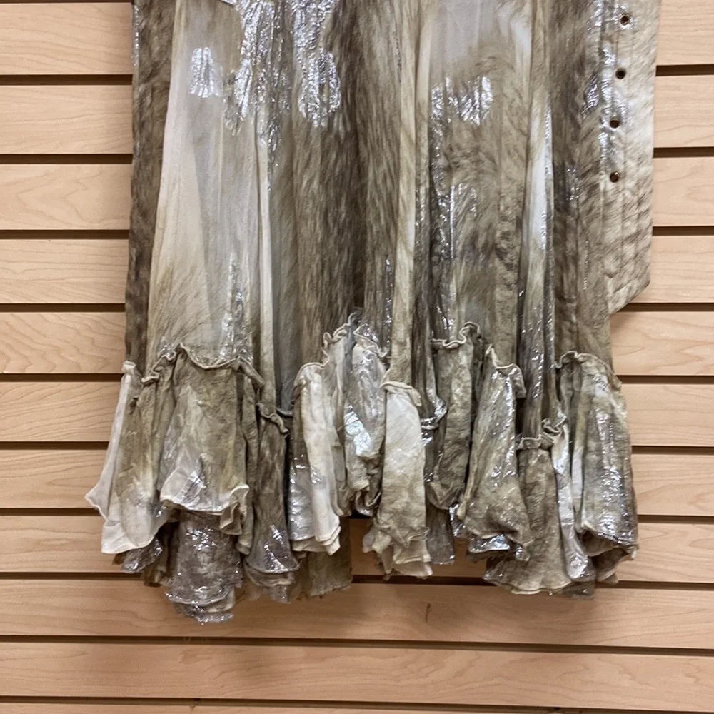 Just Cavalli Silver and Taupe Long Sleeve Ruffle-Hem Shirt Dress - Picture 3 of 11
